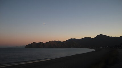Serene Sunset Beach Landscape with Mountains and Moon