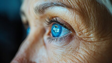 Close-up of a senior woman's blue eyes looking thoughtfully; indoors, neutral background; for articles about aging or vision