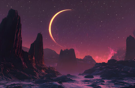 Majestic crescent moon over alien rocky landscape at dusk