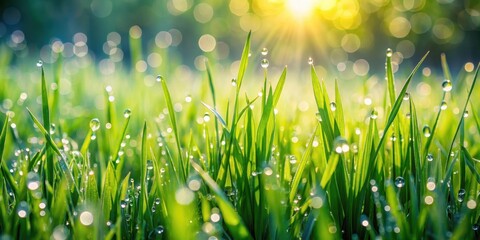Fototapeta premium A lush carpet of fresh green grass glistens with morning dew on a spring morning sunlight filtering through the blades , greenery, landscape