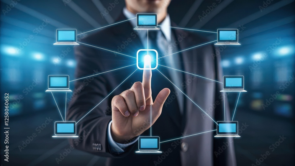 Poster businessman connecting network nodes on a digital interface