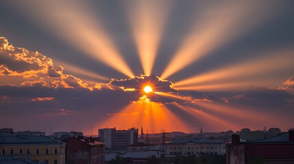 Dramatic Sunset Rays Over Cityscape Stunning Sunburst