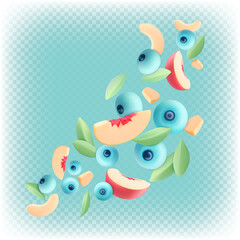 Set and flying blueberries, peach and mint. Fruit salad of berries and fruits. Healthy fresh food.