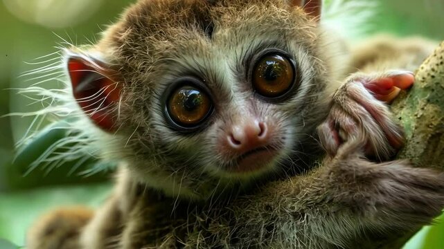 Pygmy slow loris resting on a branch in the lush rainforest of southeast asia AI