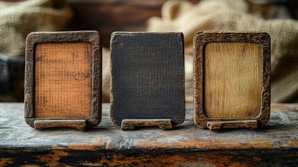 Blank antique wooden signboards, ideal for vintage-inspired branding, signage, or rustic-themed projects in design, retail, or advertising campaigns for old-fashioned style displays.
