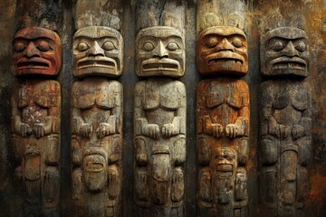 Carved wooden figures stand in a row showcasing indigenous artistry and cultural heritage in a historic setting