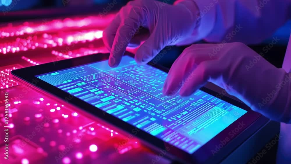 Poster gloved hands manipulating a touchscreen tablet displaying electronic circuit board schematics, illum