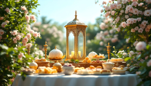 A beautifully designed Ramadan Kareem invitation card with a dark green background, glowing golden lanterns, and symmetrical floral motifs. The central blank space allows for inserting quotes, prayers