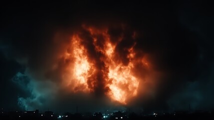 Dramatic Night Sky Above Cityscape with Ominous Fiery Clouds Creating Apocalyptic Atmosphere