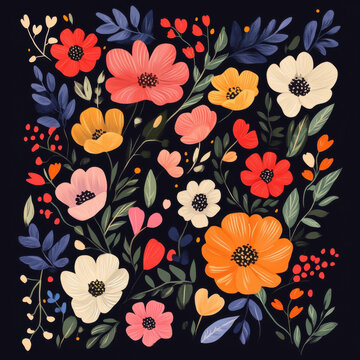Flat art style, illustration, vector, flat, color, floral wall, black borders,Flowers on the wall 