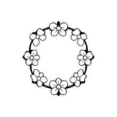 Elegant floral circular frame with simple, detailed black and white line art, featuring a minimalist illustration.
