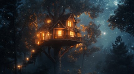 Illuminated treehouse in a misty forest at night.