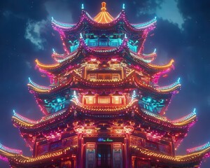 Naklejka premium a Chinese pagoda illuminated at night with colorful lights outlining its elegant features, creating a magical