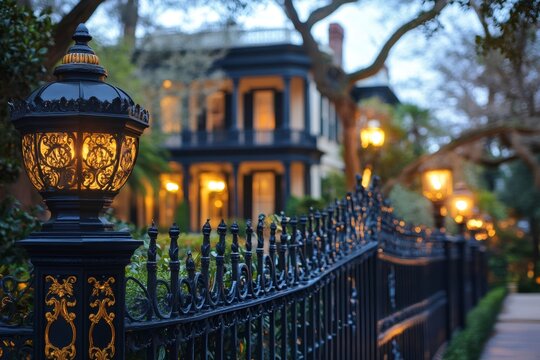 Ornate wrought iron fence and street lamp illuminating historic home at twilight