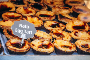 Close-up of Pastel de nata (Portuguese: pasteis de nata), a famous Portuguese egg custard tart pastry