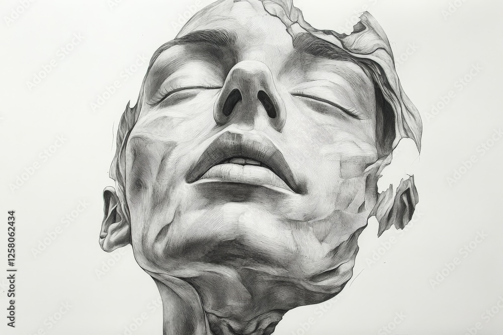 Poster intricate drawing of a serene face with a unique texture showcasing artistry and emotion