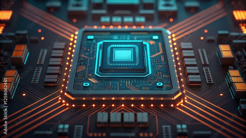 Poster close-up view of a powerful central processing unit (cpu) on a technologically advanced motherboard.