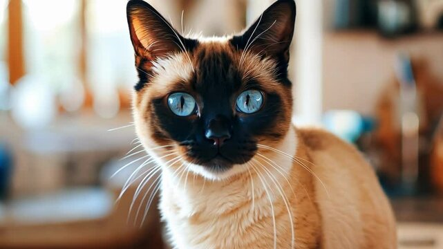 Cute siamese cat in cozy sunlit kitchen interior AI