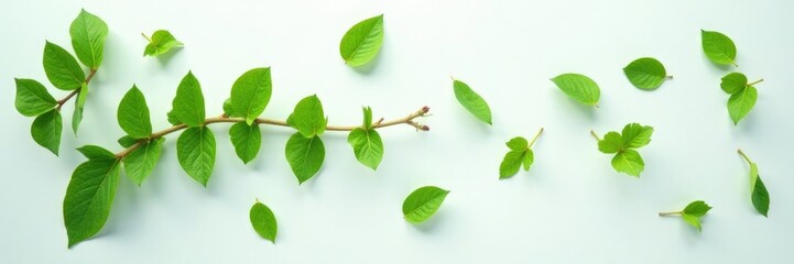Fototapeta premium Delicate green leaves scattered on white surface, nature, botanical