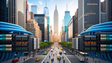 a mesmerizing shot of ethernet cables connecting through a cityscape. The cables bridge the gap between the bustling city life and the digital realm.