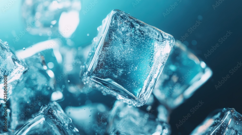 Aufkleber this image showcases crystal clear ice cubes illuminated in a refreshing aqua light, capturing the e