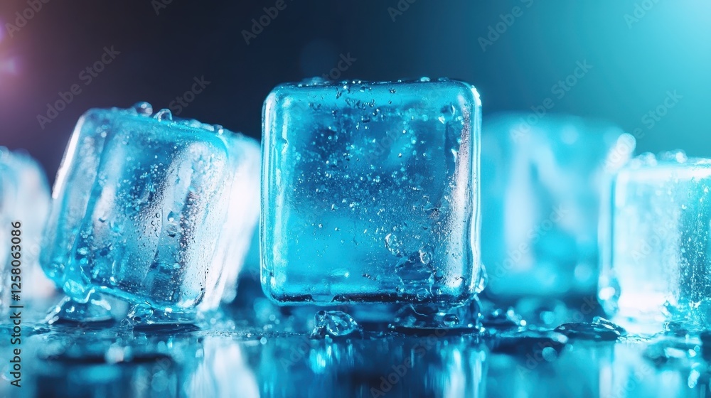 Poster an artistic view of ice cubes reflecting light on a dark surface, emphasizing the beauty and complex