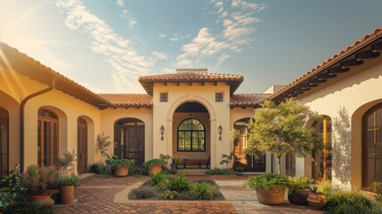 Obraz premium Elegant Spanish-style courtyard with classic archways, warm stucco walls, and lush greenery 
