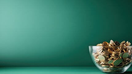 This compelling image showcases a glass bowl brimming with golden coins symbolizing wealth and abundance, set against a serene green backdrop for a modern aesthetic.