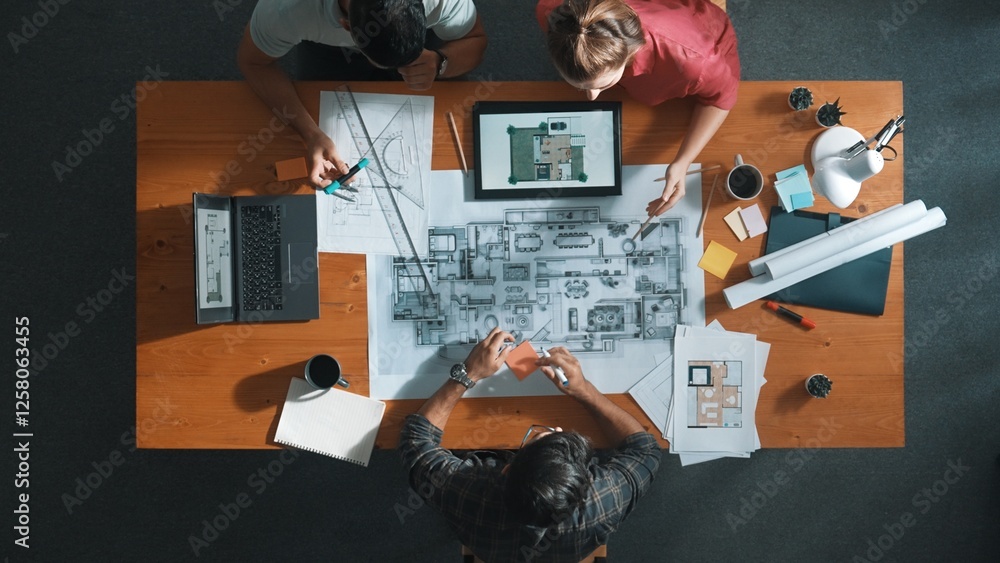 Poster top down view of civil engineer handed document while looking at blueprint. aerial view of architect