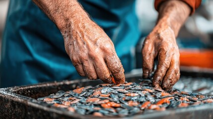 Hands sorting through fish on a market table.