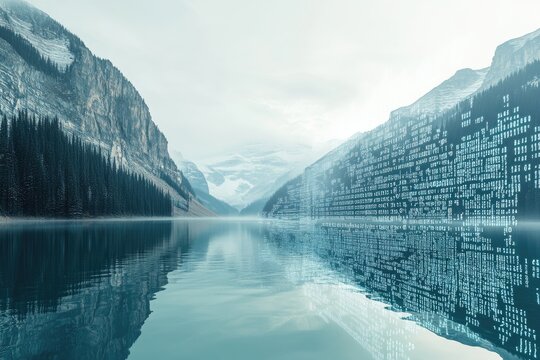 Digital data and binary code overlay a lake in a mountain landscape. This digital transformation concept represents an AI technology background.