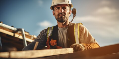 photograph of Close-up of a mechanic wearing a hard hat and holding a hammer. Roof Structure Carpenter works on the roof structure. on a sunny day