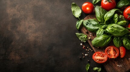A collection of fresh vegetables and basil leaves beautifully arranged on a rustic wooden table, showcasing the natural colors and textures, ideal for a healthy lifestyle.