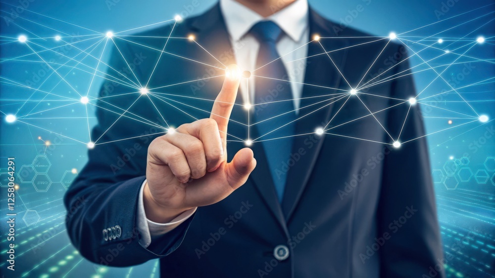 Poster a businessman in a suit with a finger pointing at the bright spot on a network of digital connection