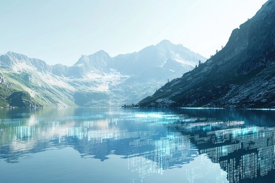 Digital data and binary code overlay a lake in a mountain landscape. This digital transformation concept represents an AI technology background.