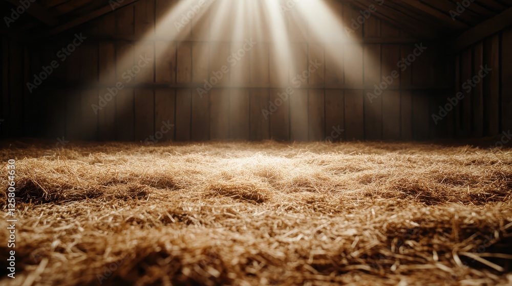 Poster soft rays of sunlight filter through a rustic barn's window, illuminating the straw-covered floor an