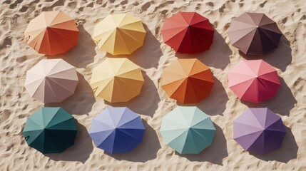 Colorful Beach Umbrellas Arranged on Sandy Surface Top View