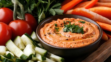 A colorful platter featuring creamy hummus garnished with parsley, surrounded by vibrant fresh vegetables like cucumbers and tomatoes, promoting healthy eating and shareable snacks.