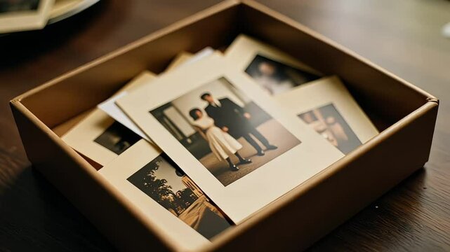 A box of old family photos scattered on a wooden table