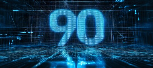 Glowing 3D Number 90 on Abstract Digital Background Concept for Technology, Software, Statistics