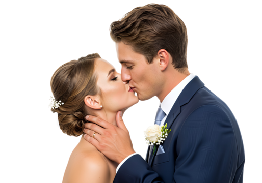 Beautiful young bride and groom kissing, isolated