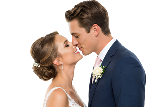 Bride and groom kissing, isolated