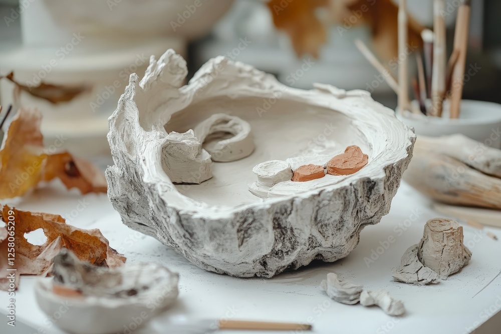 Poster artistic pottery in progress showcasing unique texture and natural elements on a workbench in a crea