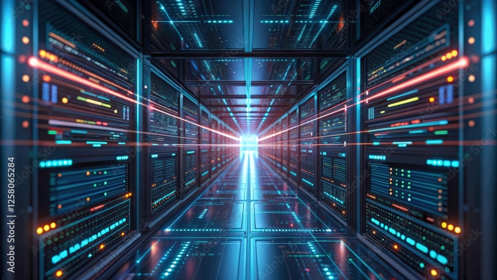 Aufkleber a futuristic data center with rows of servers and glowing blue and red lights. the image creates a s