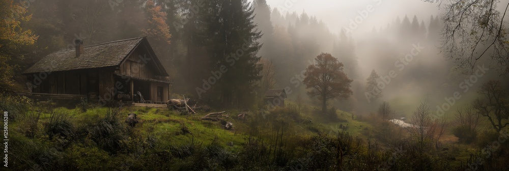 Poster a small house is surrounded by trees and a stream. the house is old and has a rustic feel. the trees