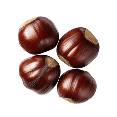 Four shiny chestnuts arranged on a white isolated background.