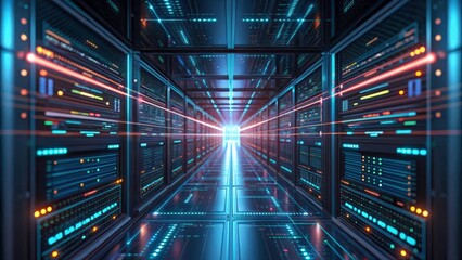 Fototapeta premium a futuristic data center with rows of servers and glowing blue and red lights. The image creates a sense of mystery and intrigue, perfect for illustrating the concepts of technology, data storage.