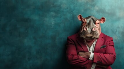A striking hippo wearing a vibrant red suit stands against a teal backdrop, showcasing a mix of seriousness and unique style that creates an eye-catching effect.