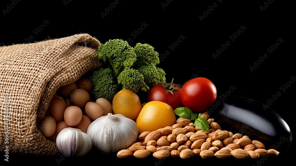 Poster fresh vegetables and eggs in a rustic scene with dark background