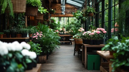A lush greenhouse bursting with colorful plants and flowers, showcasing a vibrant display of nature’s beauty in a well-organized space for plant enthusiasts.